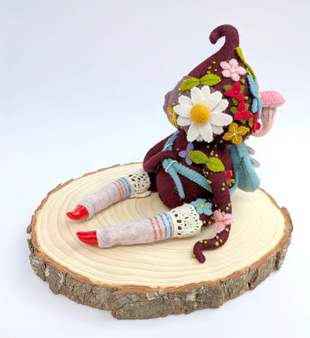 Hannakin - 'The Collector' - wool felt, thread, glass beads, vintage lace trim, Sculpey, wire and mixed media on raw pine wood base