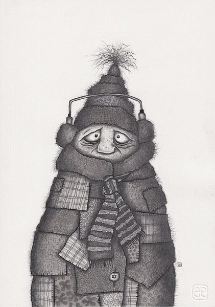 Adam Elliot - 'Brian Pimpleton Prepares for Winter' - ink, ink wash & graphite pencil on Arches watercolour paper
