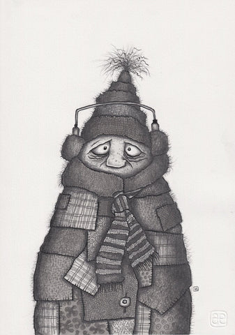 Adam Elliot - 'Brian Pimpleton Prepares for Winter' - ink, ink wash & graphite pencil on Arches watercolour paper