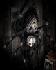 Agatha Black - 'Oracle' - mohair fabric, polymer clay, wire, seed bags, glass eye, human hair, glue, wooden display base