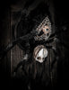 Agatha Black - 'Oracle' - mohair fabric, polymer clay, wire, seed bags, glass eye, human hair, glue, wooden display base