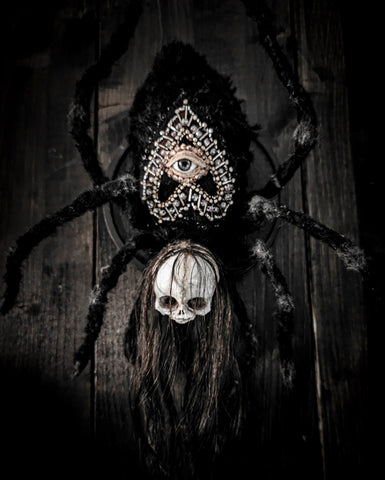Agatha Black - 'Oracle' - mohair fabric, polymer clay, wire, seed bags, glass eye, human hair, glue, wooden display base
