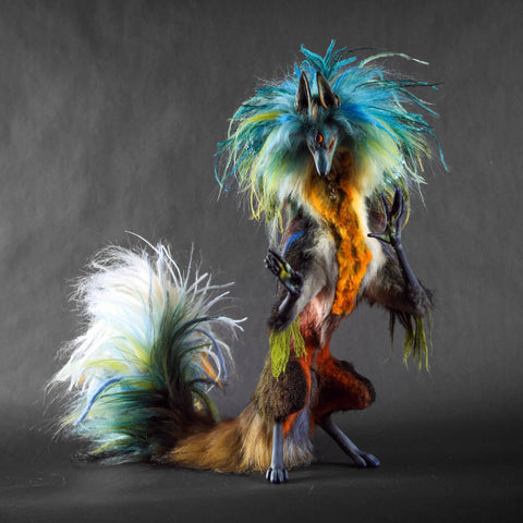 Anya Boz - 'Lichen Diki Spirit Room Guardian' - resin, epoxy clay, posable plastic joint armatures, wire, fur, fabric, feathers, faux fur, tiger eye crystal
