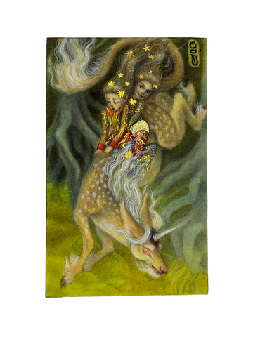 Calamity Cole - 'The Unicorn Riders' - watercolour, metallic watercolour, and charcoal on hot-press watercolour paper mounted on wood