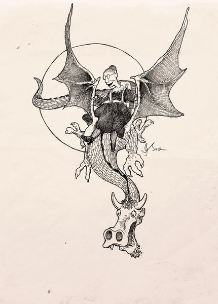 Graeme Base - 'Grandma’s Dragon (Action)' - ink on paper