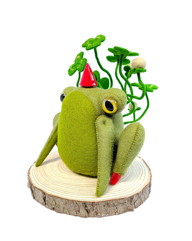 Hannakin - 'Amphibious Clover' - wool felt, thread, wire, Sculpey and mixed media on raw pine wood base