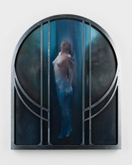 Liz Gridley - 'How Do We Change Death Ritual Now to Enable Death Rituals in Future?' - oil on aluminium with metal lace frame