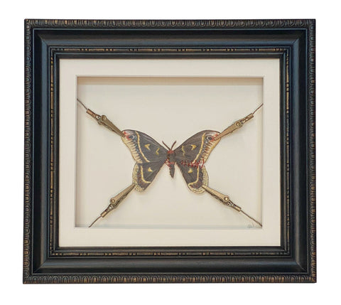 Jen Selmore - 'Hard to Watch' - pencil & pastel on toned paper, metal clips, wire and hessian in vintage frame