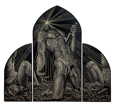 Sean Arkham - 'Colossus' - acrylic on carved birch wood triptych