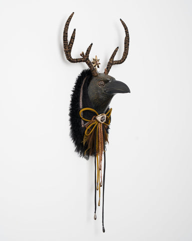 Selene Mauri Cochrane - 'Crow - Midnight' - Ceramic, fabric, various threads, wire, hand made chain-stitched lace with wool felt backing