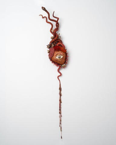 Selene Mauri Cochrane - 'Sacred Heart with Snake - Flame' - ceramic, various thread with felt backing