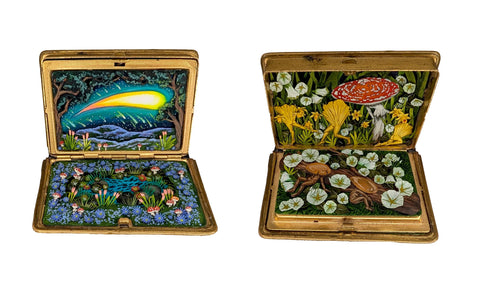 Shannon Taylor - 'Magic Trick' - hand-cut watercolour collages in dual chamber antique cosmetic compact