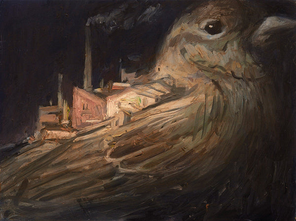 Shaun Tan - 'Small Industrial Estate on the Back of a Sparrow' - oil on wood