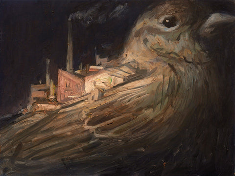 Shaun Tan - 'Small Industrial Estate on the Back of a Sparrow' - oil on wood