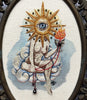 The Serpent Thread - 'Custos Flammae Solaris (Keeper of the Solar Flame)' - hand embroidery with cotton and metallic thread, watercolour, pyrite and garnet beads on cotton in vintage brass frame