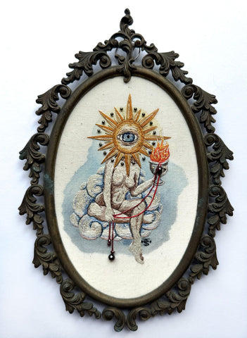 The Serpent Thread - 'Custos Flammae Solaris (Keeper of the Solar Flame)' - hand embroidery with cotton and metallic thread, watercolour, pyrite and garnet beads on cotton in vintage brass frame