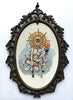 The Serpent Thread - 'Custos Flammae Solaris (Keeper of the Solar Flame)' - hand embroidery with cotton and metallic thread, watercolour, pyrite and garnet beads on cotton in vintage brass frame