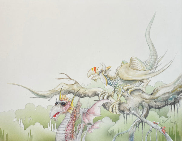 Graeme Base - 'Tropical Dragon 2 & 3' - ink, watercolour and pencil on board