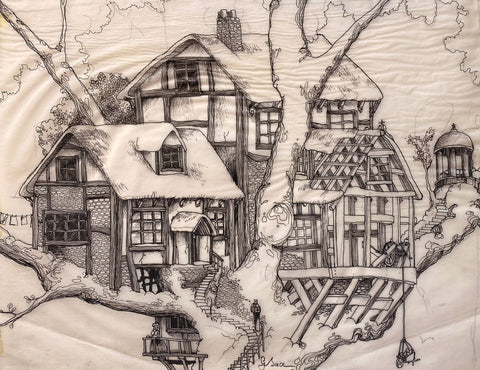 Graeme Base - 'Tudor Treehouse' - ink on tracing paper