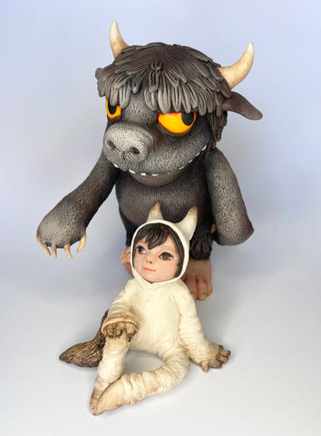 Wendy Olsen - 'Bull and Max' - polymer clay & epoxy clay sculpture with wooden base & acrylic paint