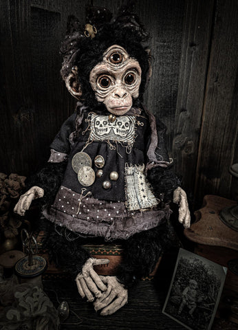 Agatha Black - 'All Seeing Monkey' - mohair fabric, cotton fabric, polymer clay, resin, wire, painted with acrylic & oil paints
