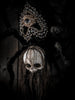 Agatha Black - 'Oracle' - mohair fabric, polymer clay, wire, seed bags, glass eye, human hair, glue, wooden display base