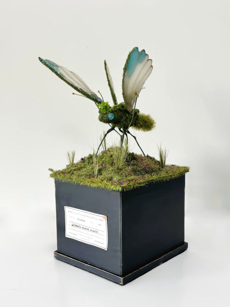 Caroline Dewison - 'Jewelled Moss Fly' - clay, resin, wire, flock, electric motor & birch ply