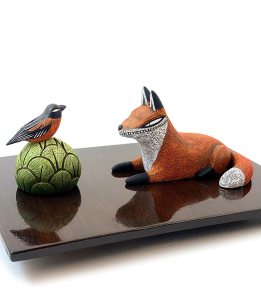 Kim Slate - 'One on One' - clay, gouache, acrylic, wire, epoxy and walnut board