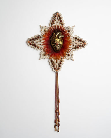 Selene Mauri Cochrane - 'Cross with Heart - Burnt Orange' - ceramic, various threads, fabric, with wool felt backing