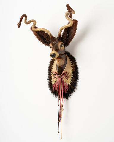 Selene Mauri Cochrane - 'Deer Royale - ceramic, various fabrics, various threads, wire, hand made chain-stitched lace with wool felt backing.