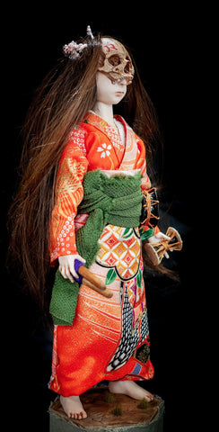 Tokyo Jesus - 'Busker' - resin, acrylic, lacquer and enamel paint, vintage kimono, fabric, epoxy putty, synthetic hair, balsa wood and vintage paper drums