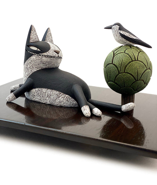 Kim Slate - 'At First Glance' - clay, gouache, acrylic, wire, epoxy and walnut board