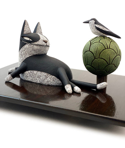 Kim Slate - 'At First Glance' - clay, gouache, acrylic, wire, epoxy and walnut board