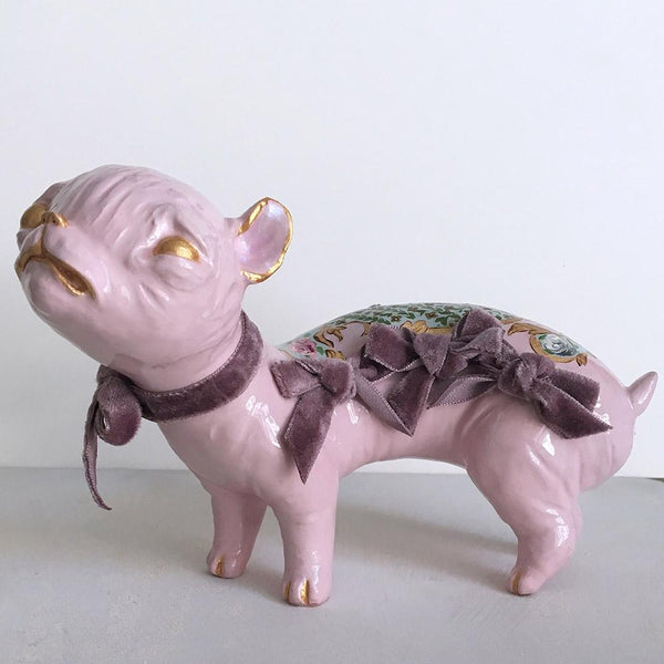 Elizabeth McGrath & Miso collaboration - “Sad Puppy” - mixed media: acrylic paint on epoxy clay with velvet ribbons - approx. 16.5 x 7.6 x 10.2cm (6.5"x3"x4")