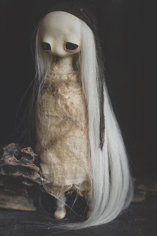 Mahlimae - “Lost Child V” - stone clay, labradorite, Australian merino wool, suri alpaca fibre, hand dyed textiles - 15.5 cm (6.1”)