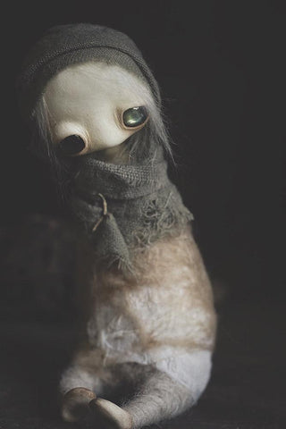 Mahlimae - “Lost Child XIII” - stone clay, labradorite, Australian merino wool, suri alpaca fibre, hand dyed textiles - 11cm (4.3")