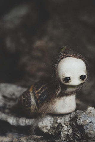 Mahlimae - “Snail III” - stone clay, snail shell, glass, dried moss, Australian merino wool